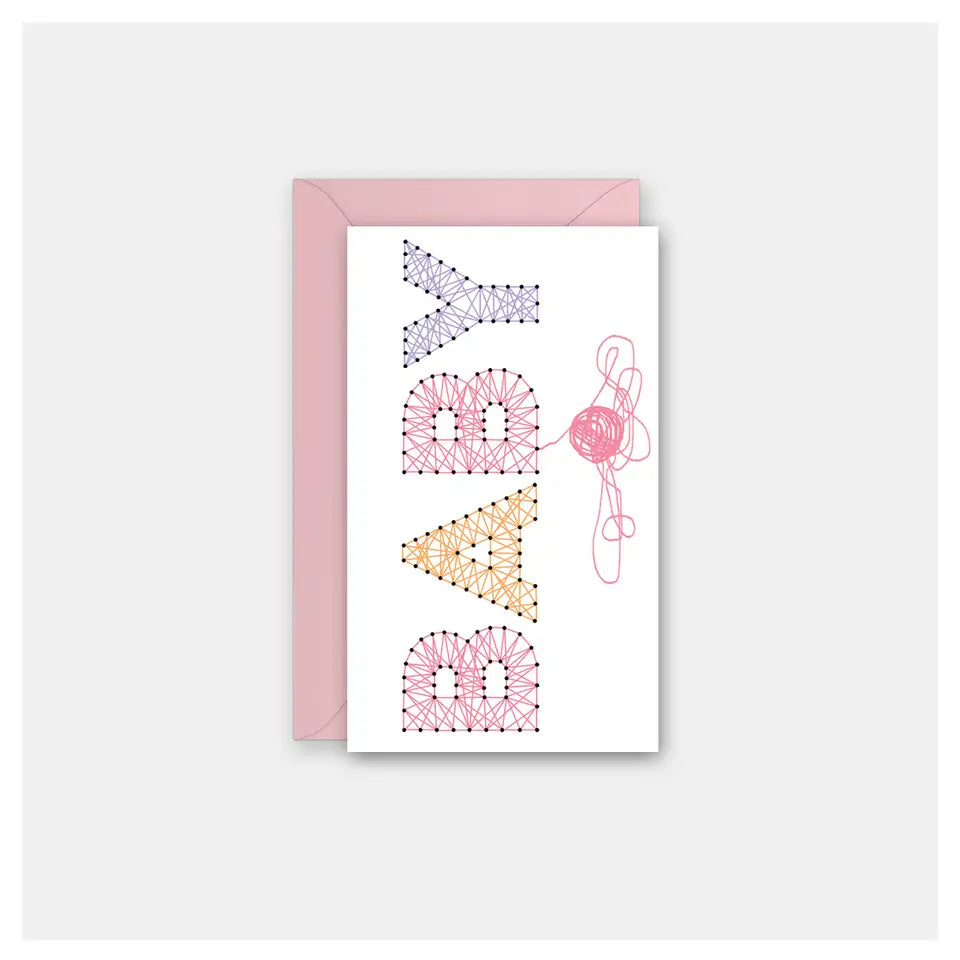Greeting card with colorful geometric designs on a white background