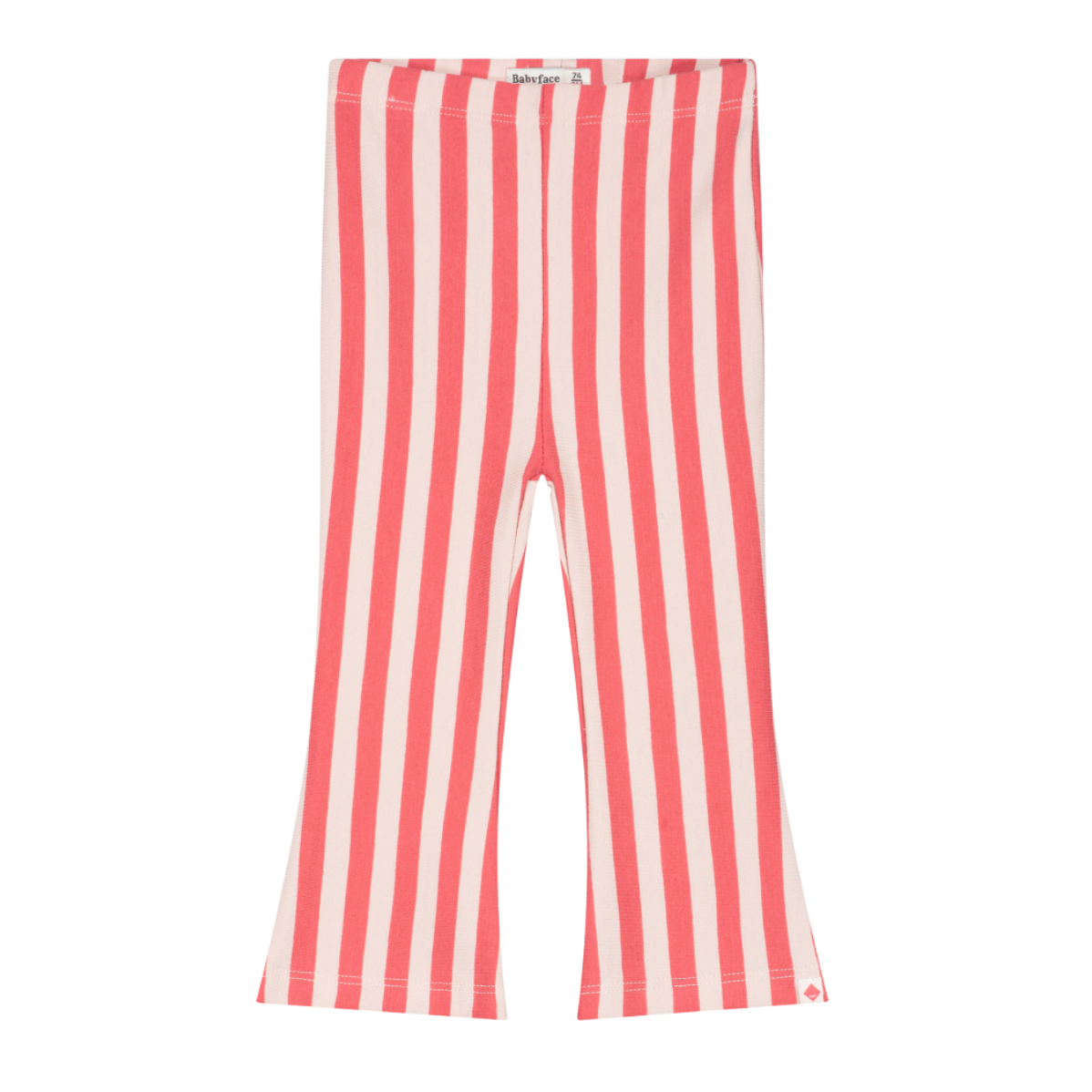 A pair of children's wide-leg pants featuring vertical coral pink and off-white stripes, displayed flat against a solid white background.