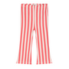 A pair of children's wide-leg pants featuring vertical coral pink and off-white stripes, displayed flat against a solid white background.