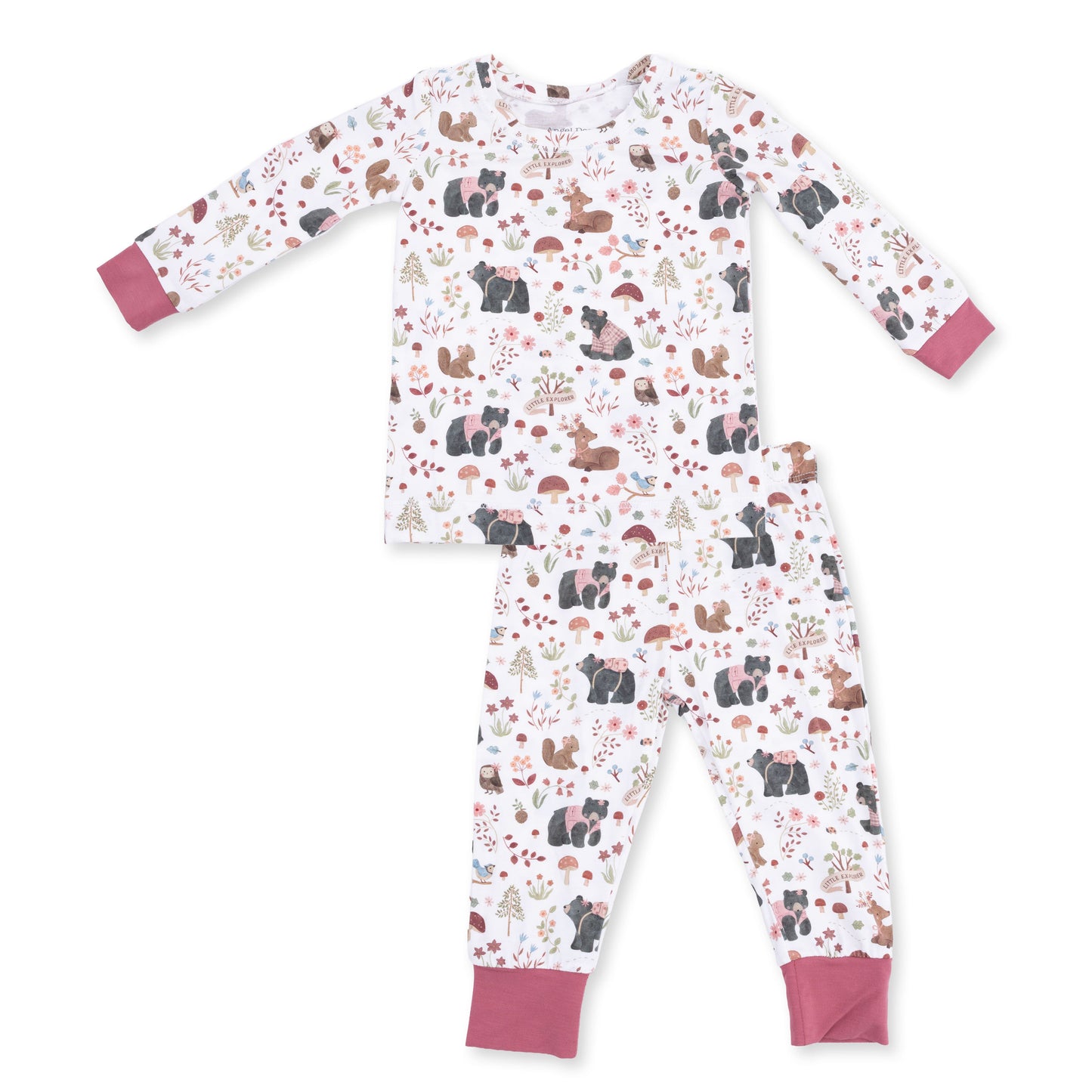 Angel Dear Pink Woodlands loungewear set, long sleeve top and pants, product flat lay