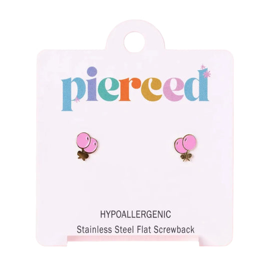 Pair of pink earrings on a 'pierceed' branded card 