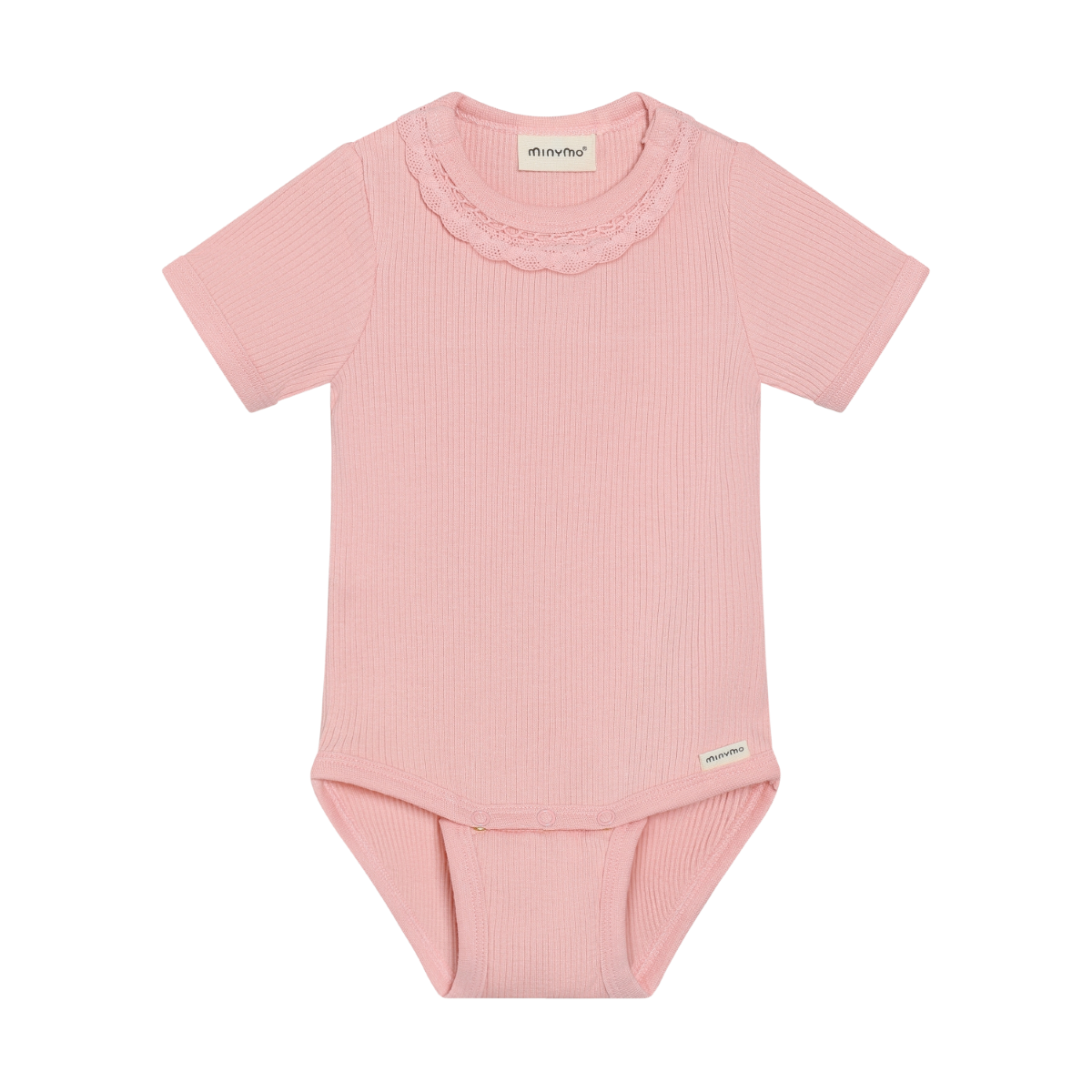 Pink baby bodysuit with ruffled collar on a white background
