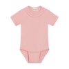 Pink baby bodysuit with ruffled collar on a white background