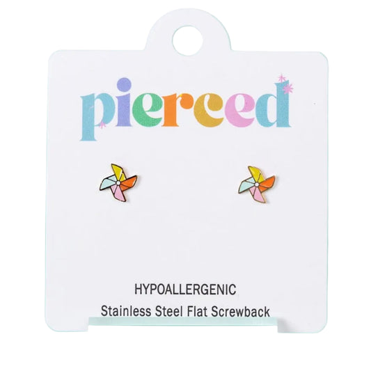 Earring packaging with 'pierced' branding on a light blue background