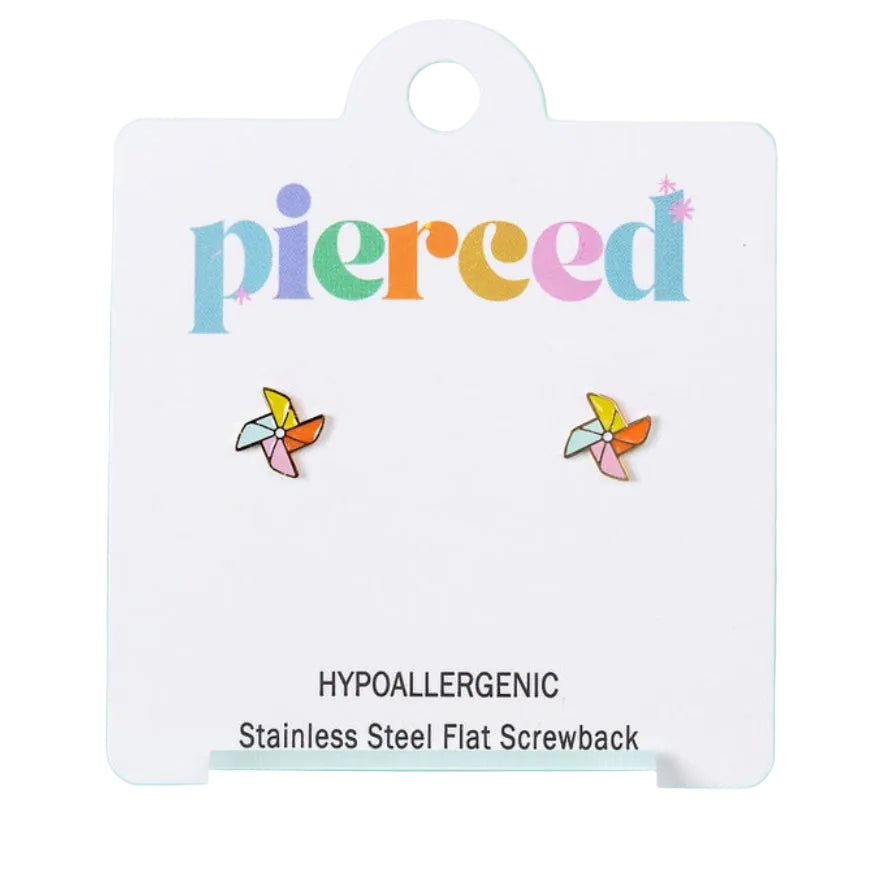 Earring packaging with 'pierced' branding on a light blue background