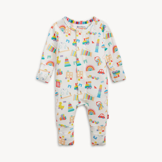 Baby romper with colorful patterns on a white background