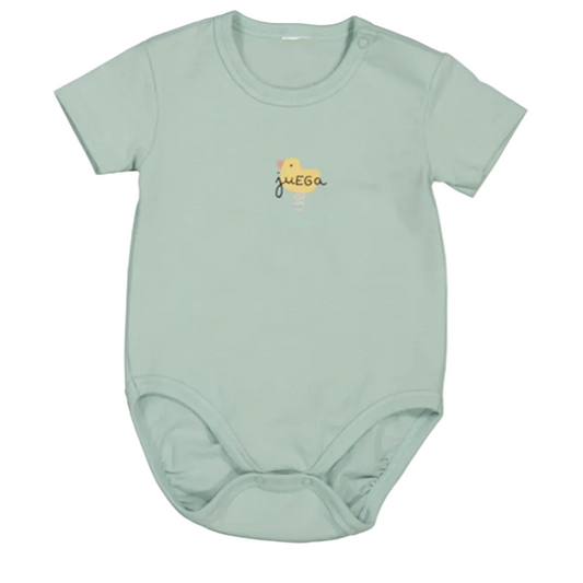 Light green baby onesie with a small yellow duck design that says 'play' in Spanish. 
