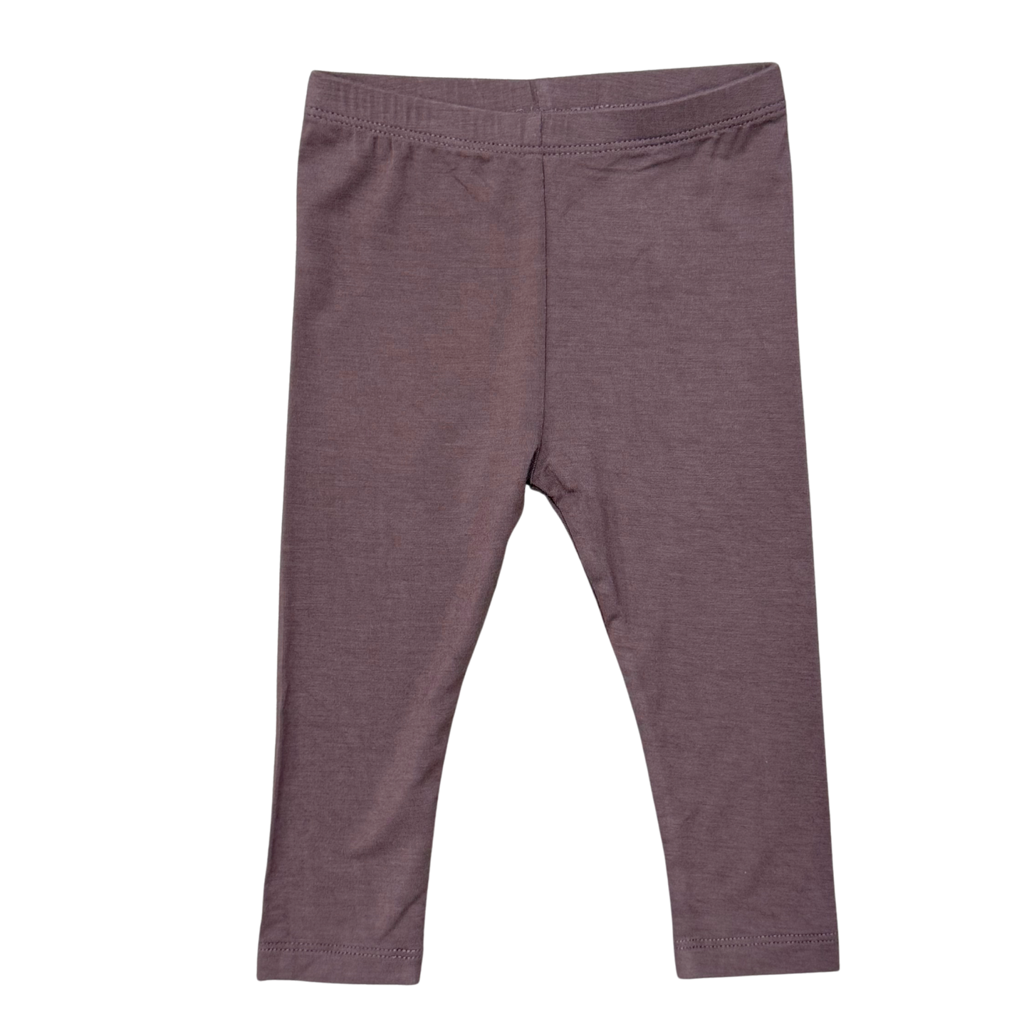 A pair of children's heathered mauve leggings with an elastic waistband, shown flat against a solid white background.