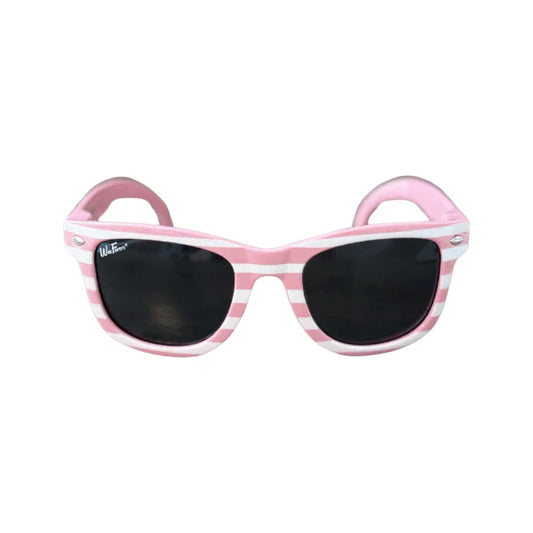 Pink and white striped children's sunglasses with black lens
