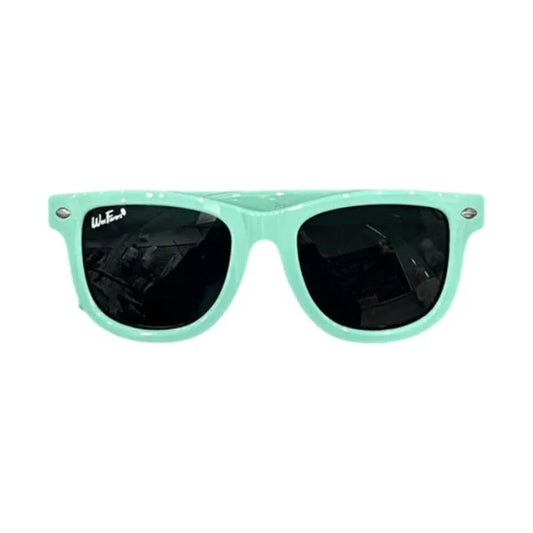 Turquoise green sunglasses with black lenses on a white background