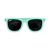 Turquoise green sunglasses with black lenses on a white background
