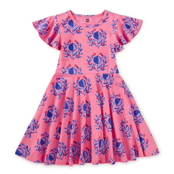 Pink dress with blue floral pattern of pomegranates 