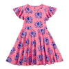 Pink dress with blue floral pattern of pomegranates 