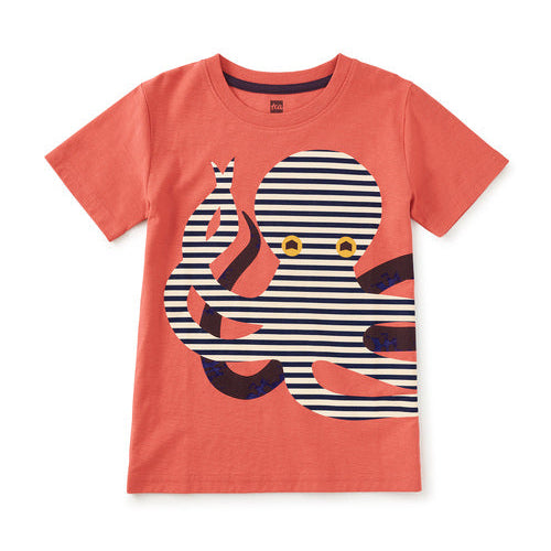 Red tee with striped octopus graphic
