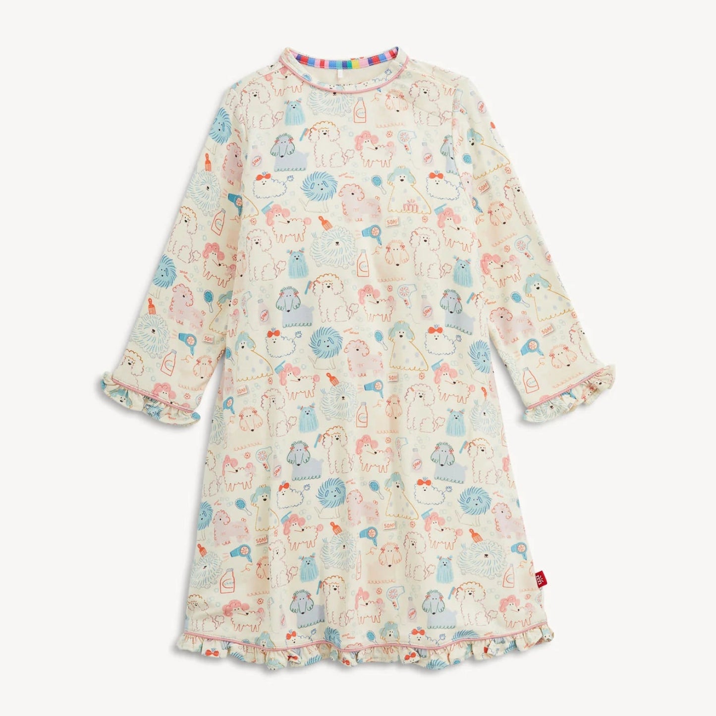 A long-sleeve baby dress with a cream base and an all-over print of cute cartoon animals in pastel blue, pink, and orange. The dress features ruffled cuffs and a ruffled hem, and is shown against a plain light background.