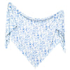 A lightweight white shawl or scarf with an all-over blue watercolor floral pattern, draped to show its triangular shape and flowing edges against a plain white background.