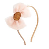 Headband with pink bow and gold center on a white background