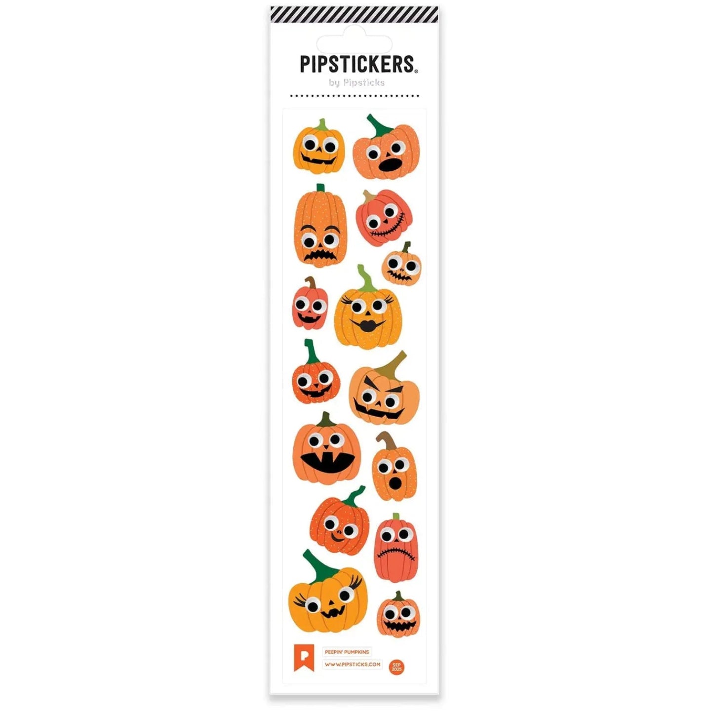A vertical sheet of Halloween-themed pipetickers featuring cute cartoon jack-o'-lanterns in orange, yellow, and green on a white background.