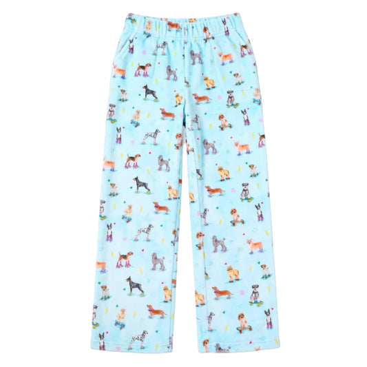 Light blue fleece pants with an all-over print of different dog breeds, shown flat against a white background.