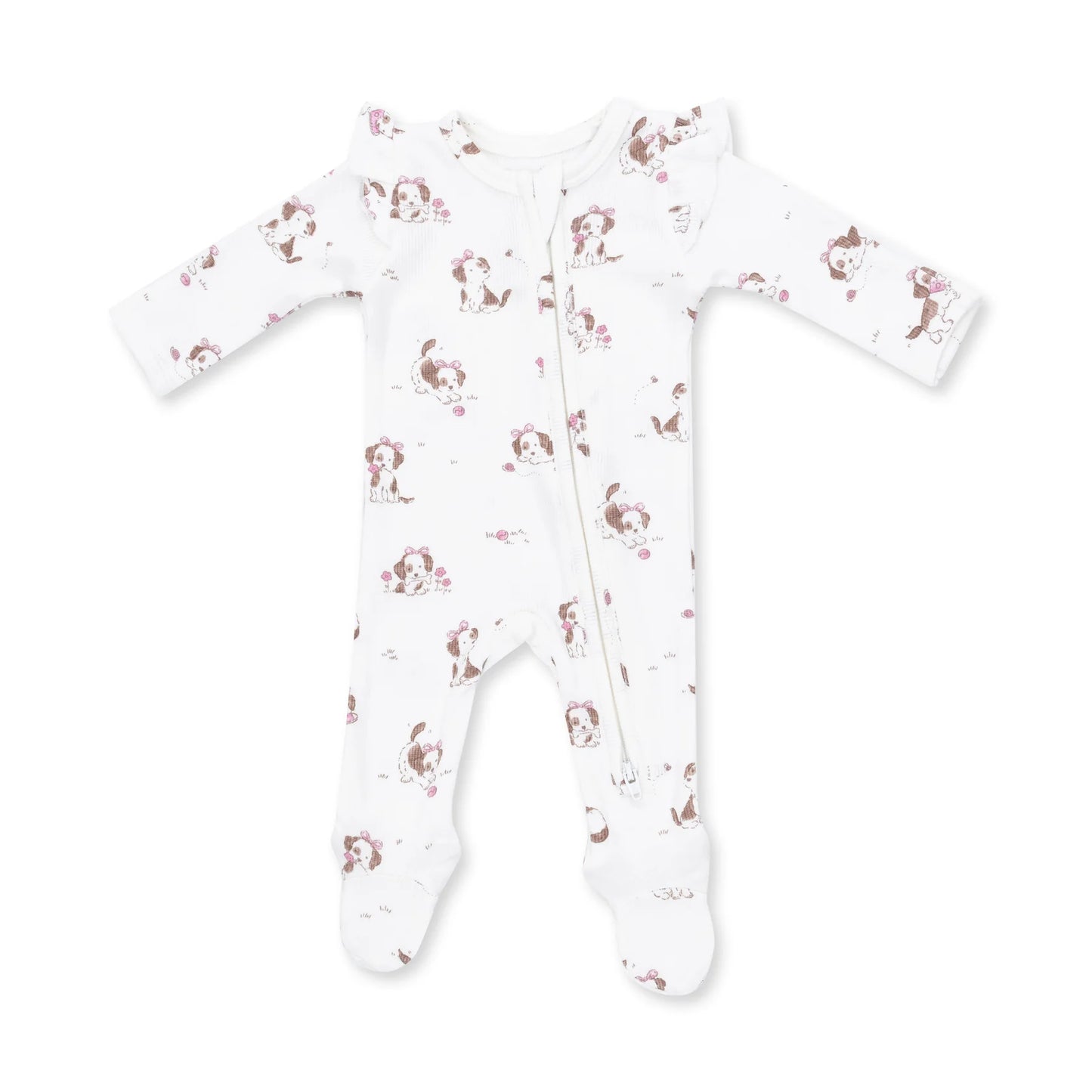 A white long-sleeve footed sleeper with a front zipper and an all-over print of brown and pink cartoon dogs, shown on a plain white background.