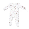 A white long-sleeve footed sleeper with a front zipper and an all-over print of brown and pink cartoon dogs, shown on a plain white background.