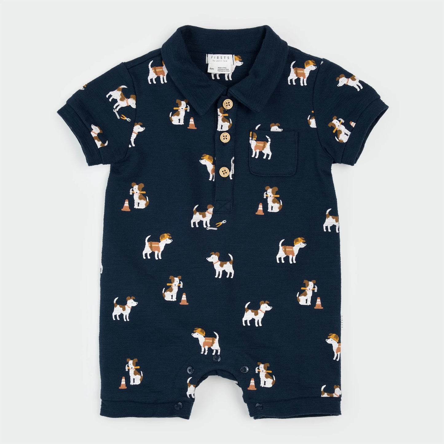 Navy blue collared short sleeve romper with dog pattern