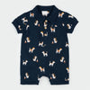 Navy blue collared short sleeve romper with dog pattern