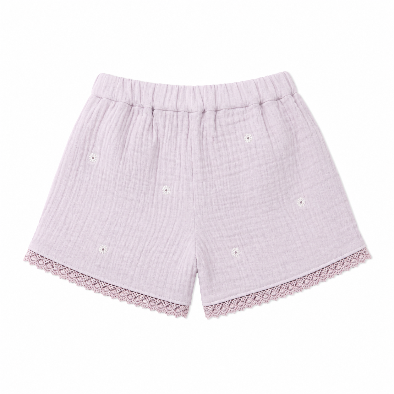 Light purple shorts with lace trim on a white background
