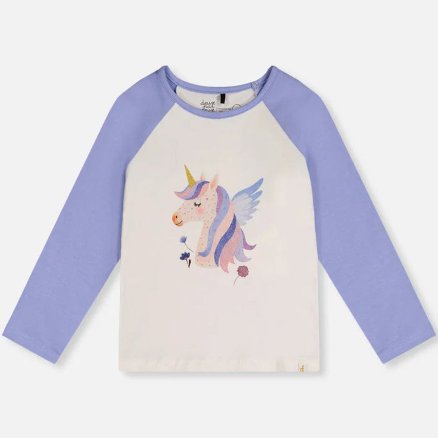 A children's long-sleeve raglan top with a cream body and light purple sleeves, featuring a colorful winged unicorn graphic on the chest.