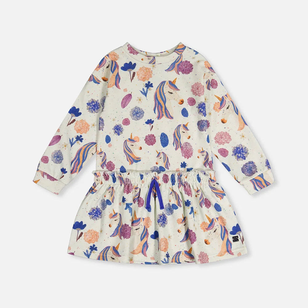 Children's dress with unicorn and floral pattern on a white background
