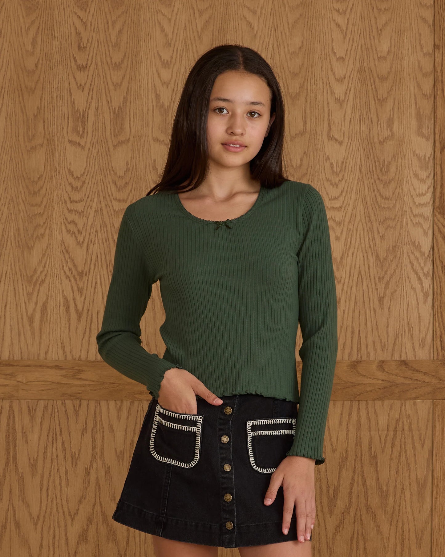 Green Ribbed Long Sleeve Top