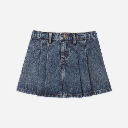 A blue denim pleated mini skirt with a button closure, photographed flat against a light gray background.