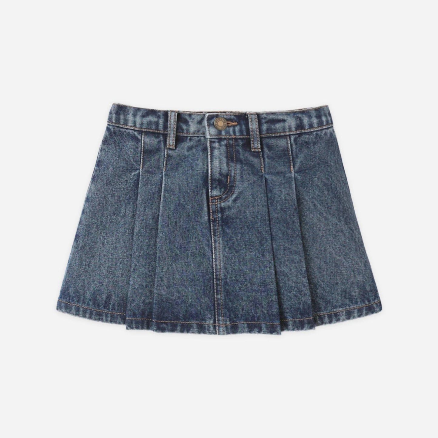 A blue denim pleated mini skirt with a button closure, photographed flat against a light gray background.