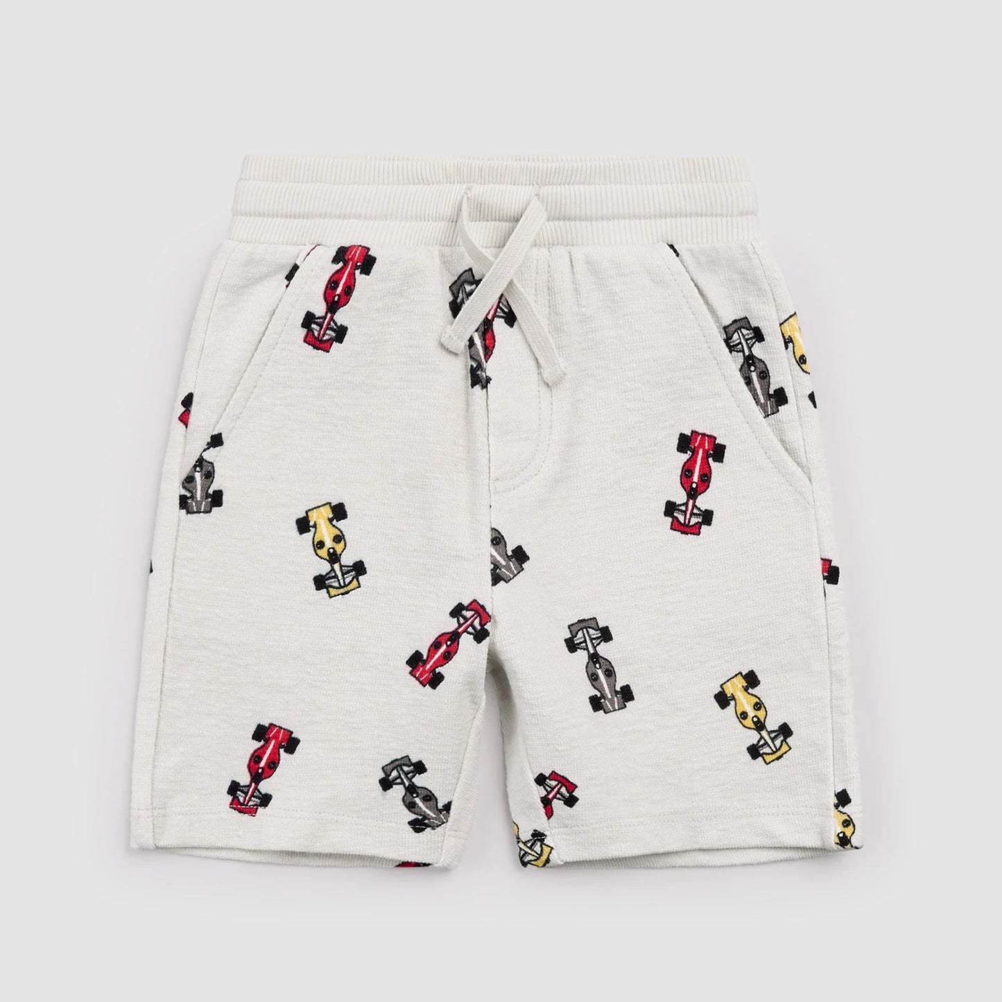 Light gray shorts with race car pattern
