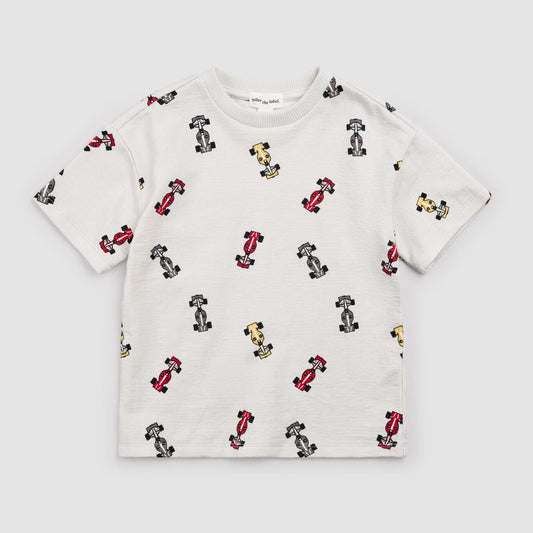 White tee shirt with mutli colored F1 racecars