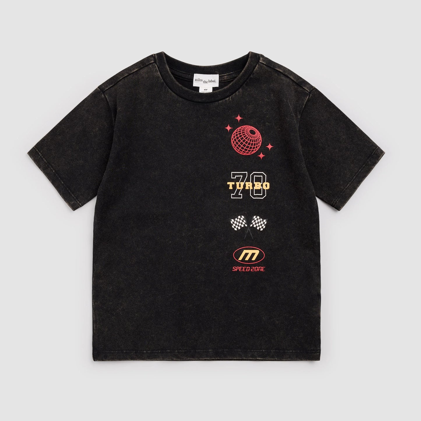 Black t-shirt with racing graphic designs on a light gray background