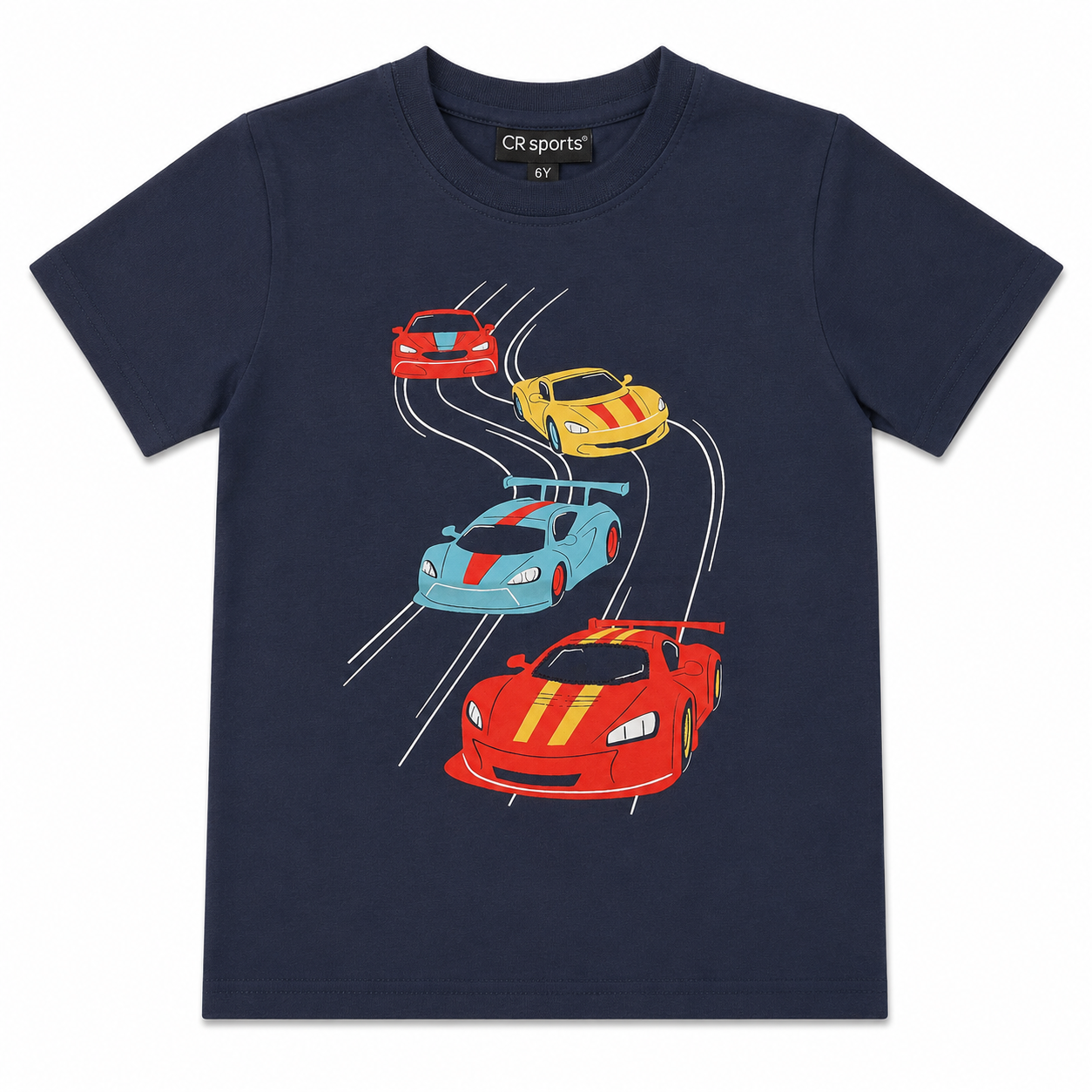Navy blue t-shirt with colorful race car graphics 