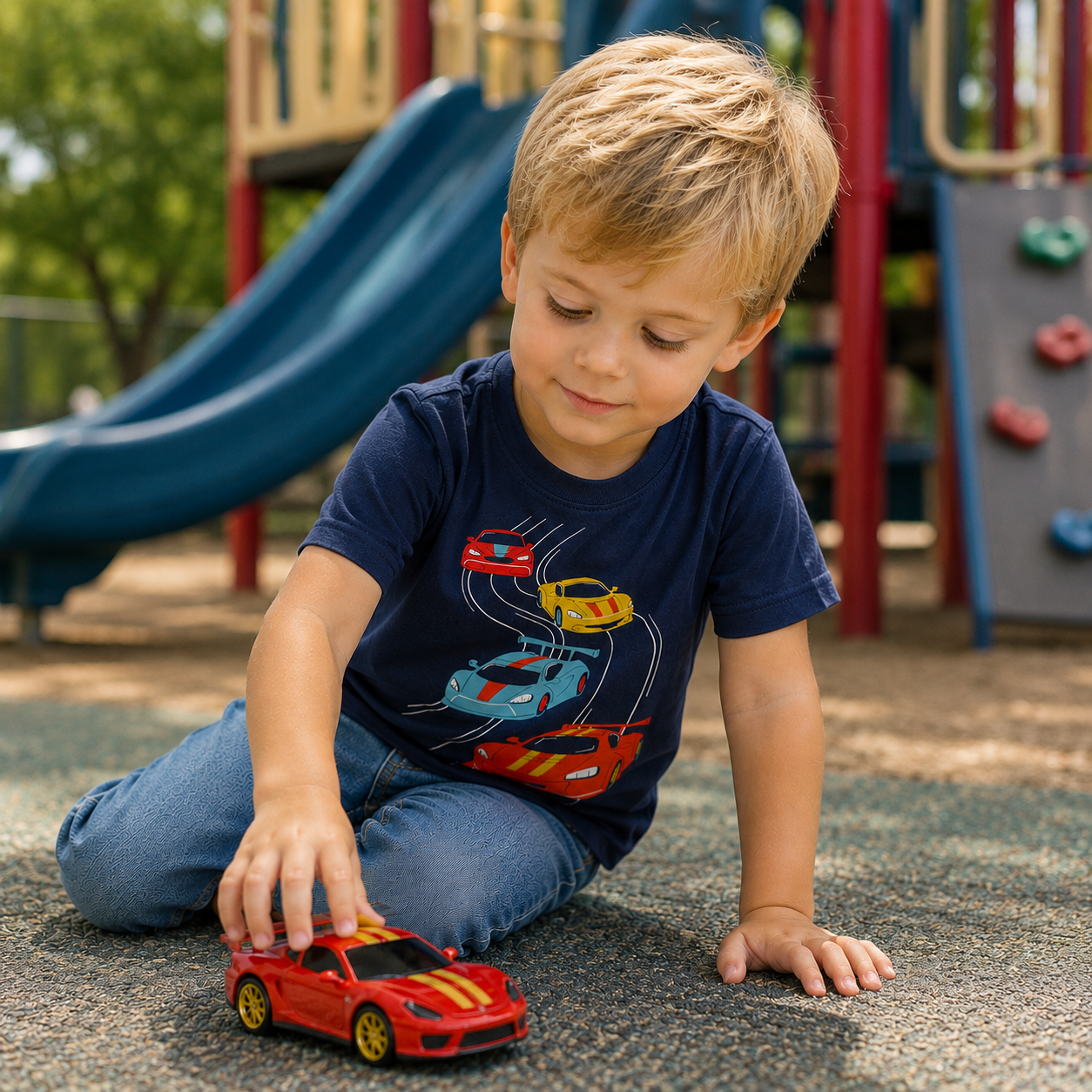 Child in navy tee with race car graphic, playing with toys at a playground