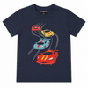 Navy blue t-shirt with colorful race car graphics 