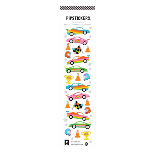 Colorful racing car stickers with holographic silver foil accents