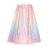 A pastel ombre costume cape with a matching bow at the neckline featuring a shimmering iridescent texture that transitions from pink to blue, yellow, and purple on a white background.