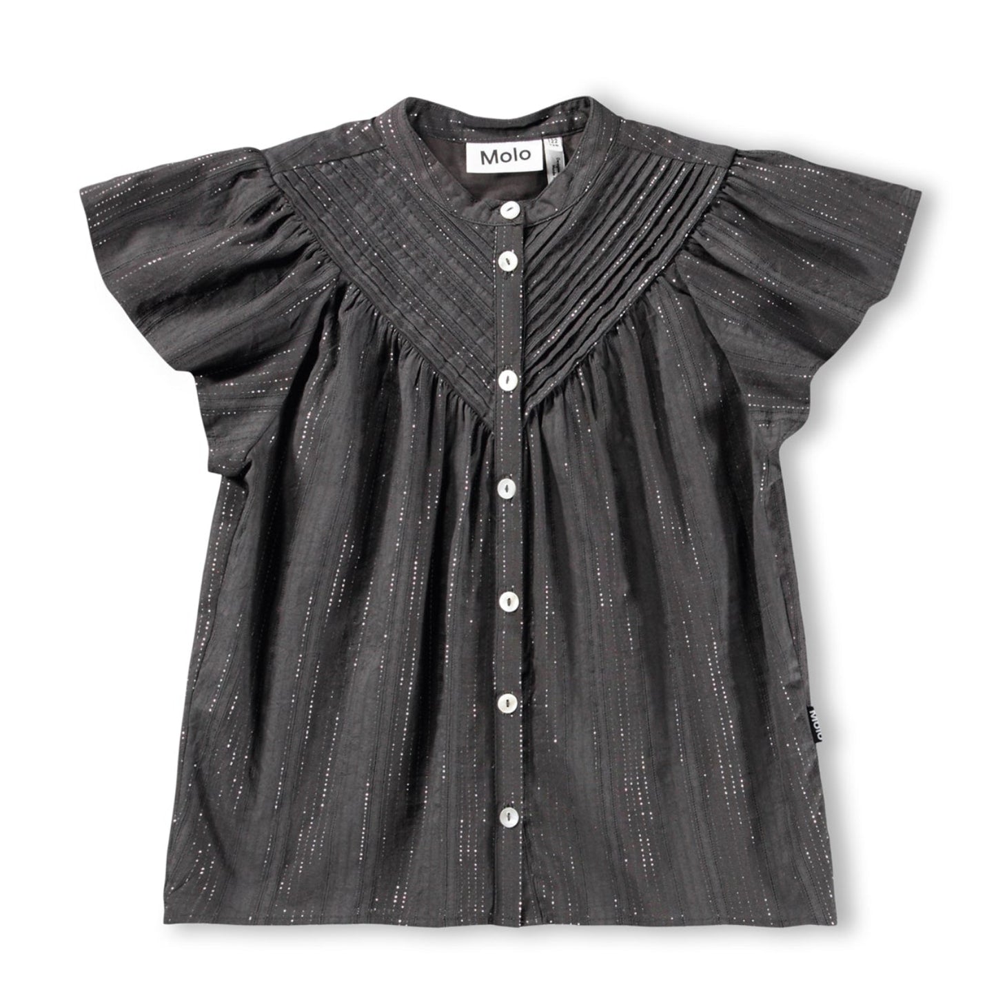 Black textured blouse with ruffled sleeves on a white background