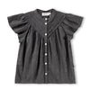 Black textured blouse with ruffled sleeves on a white background