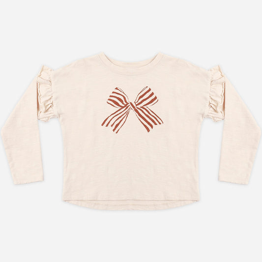 Rylee and Cru Red Bow Ruffle Top, a girls long sleeve tee with a bow print and shoulder ruffles