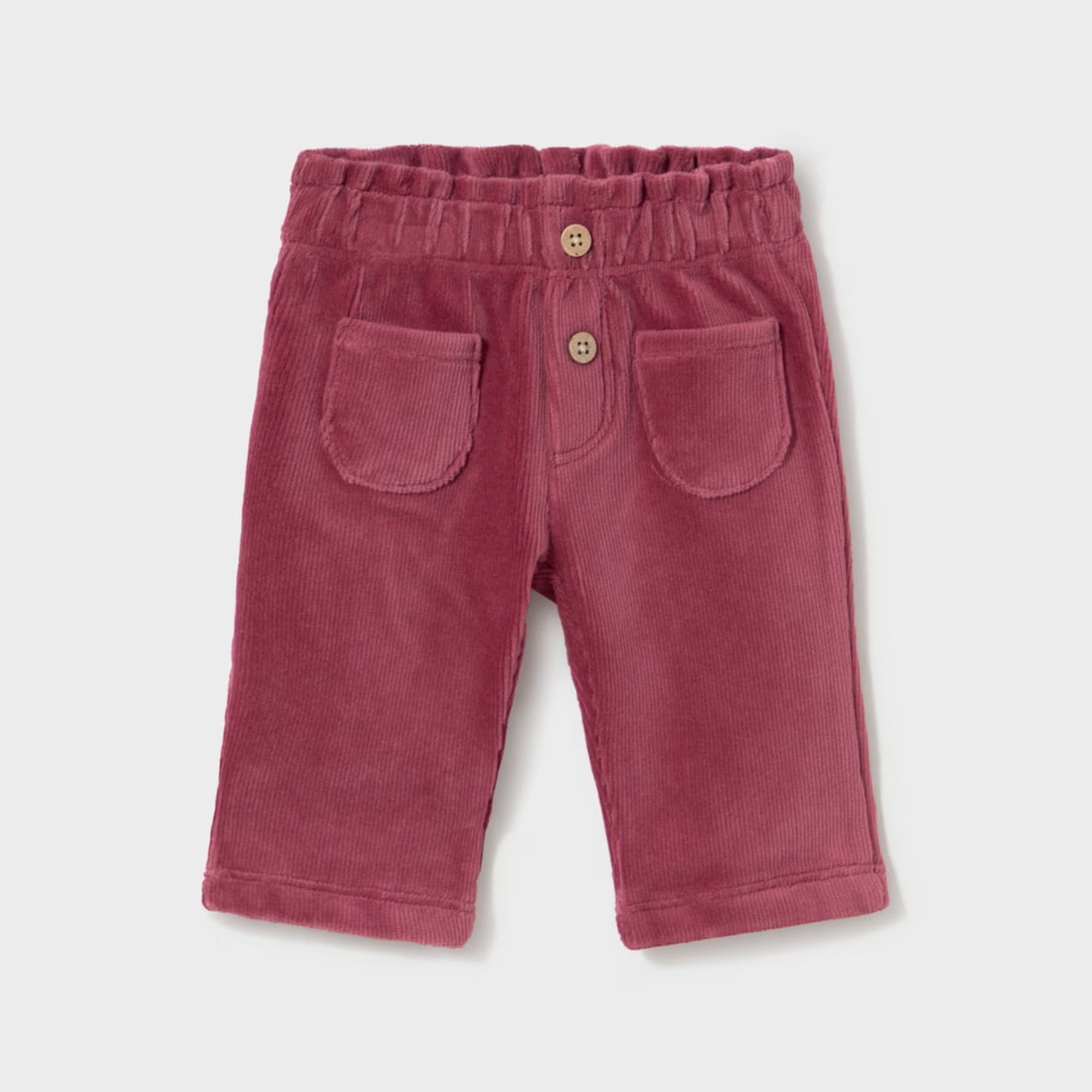 A pair of toddler's corduroy shorts in a dusty rose pink color, featuring an elastic waistband with two decorative buttons and two front patch pockets, shown flat on a light gray background.