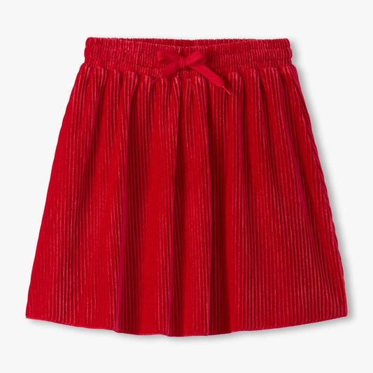 Red pleated velour skirt with a tie waist 