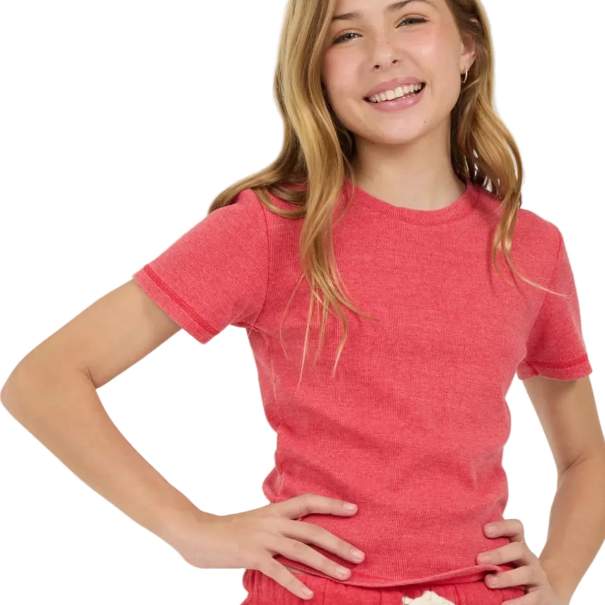 Young girl wearing a red t-shirt