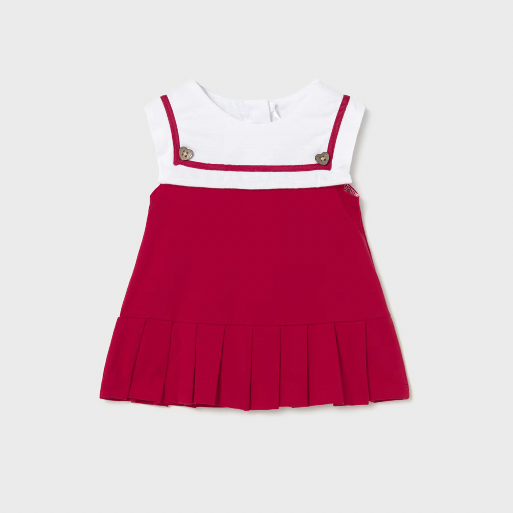 Red pleated dress with white top 