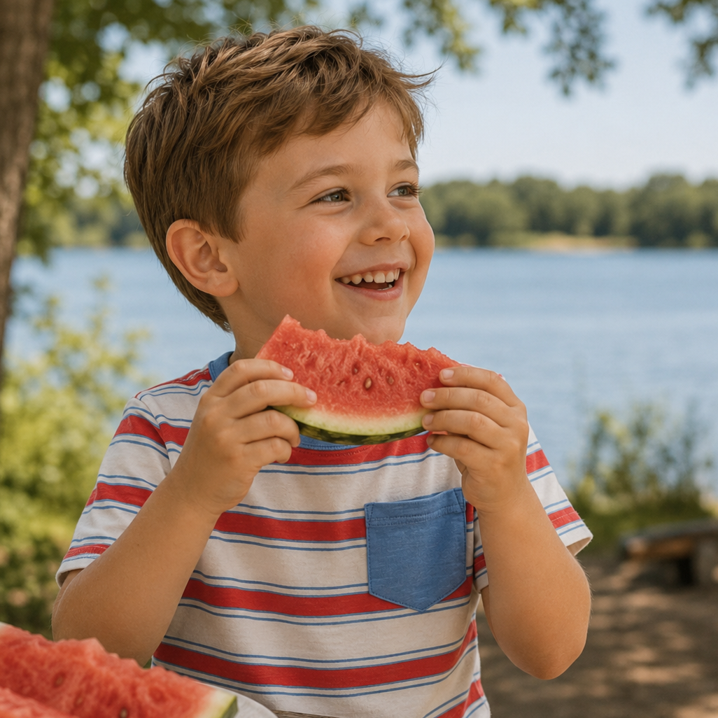 Boy wearing a white, red, and blue striped pocket tee
