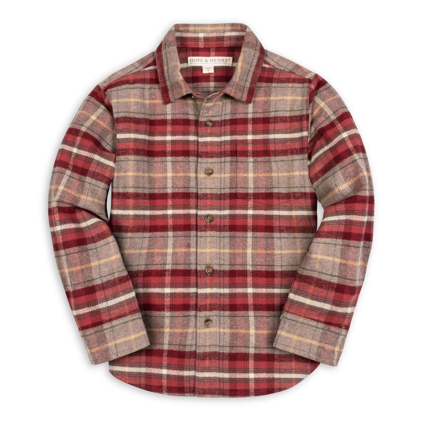 A long-sleeve button-up flannel shirt in a red, brown, and beige plaid pattern, laid flat against a white background.